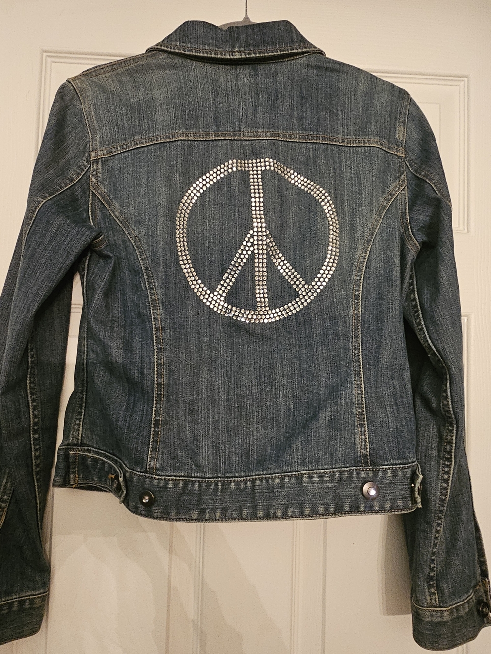 INC International Concepts Blue Denim Jacket with Rhinestone Peace Sign